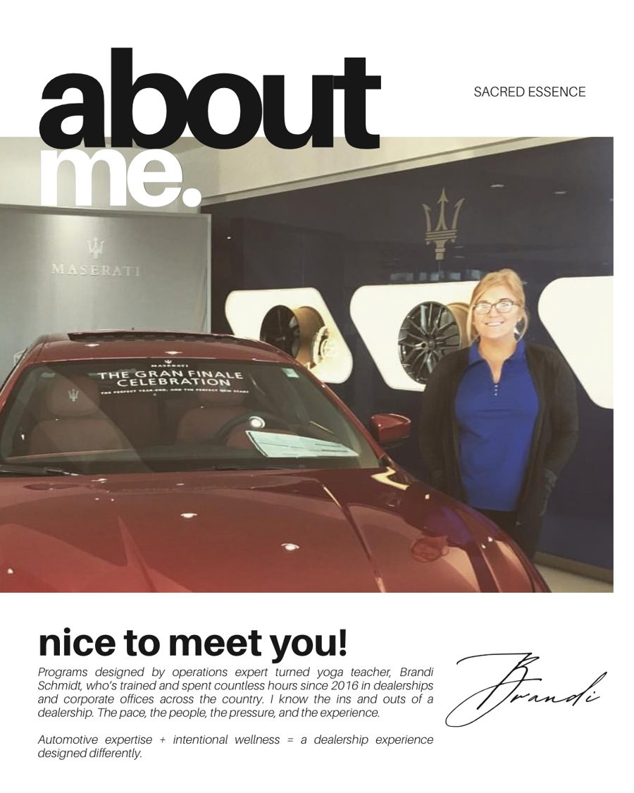 About me: Brandi Schmidt, founder of Sacred Essence, standing beside a car in a dealership showroom