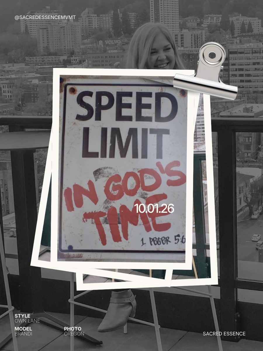 Brandi in Oregon holding a sign that reads Speed limit: in God’s time